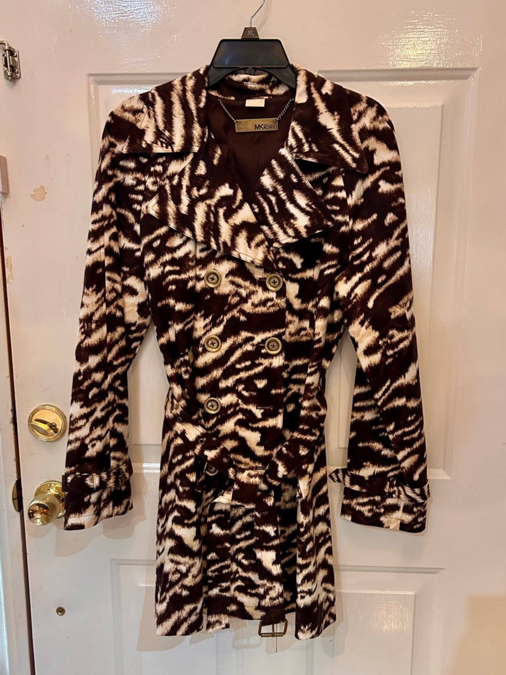 Michael Kors Brown and White Printed Double-Breasted Coat